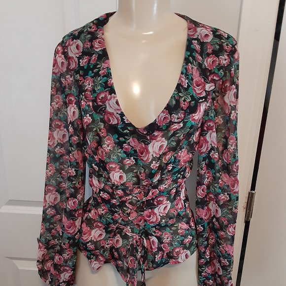 Zara Dark Floral Rose Front Lace Up Corset Top Chiffon Billowing Long Sleeves - Picture 4 of 11